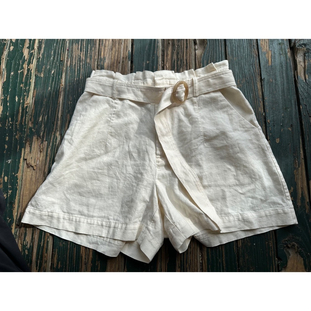 Sofia Jeans by Sofia Vergara Cream Paperbag Waist Belted Linen Blend Shorts M